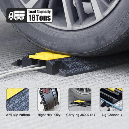 Heavy-Duty Rubber Cable Protector Ramp (4-Pack) - 2-Channel Floor Cord Cover for Driveway, Warehouse, Events - 22,000 lbs Load Capacity - Indoor & Outdoor Use - Cable Speed Bump for Hoses, Cables
