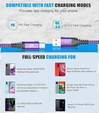 sweguard USB Type C Charger Cable [3-Pack,10ft+6.6ft+3.3ft] iPhone 16 Charger Nylon Braided Cord for iPhone 16 15 Pro Max Plus Samsung Galaxy S24 S23 S22 S21 S20 S10 Note 20 10 A54 Pixel LG Moto PS5