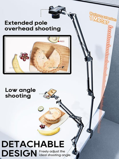 Overhead Camera Mount, 5lb Horizontal Load-Bearing, 360° Adjustable Stand for Desk, Flexible with Phone Clamp, Tabletop Mount for DSLR Camera/Webcam/Microphone