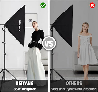 BEIYANG Softbox Lighting Kit, 2x20''x28'' Photography Soft Box with 2 pcs 85W 6000K E27 LED Socket LED Bulbs, Studio Lights for Photography/Video Recording/Live Streaming
