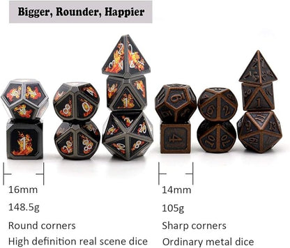 Haxtec Fire Bolt Real Scene Metal DND Dice Set Black Polyhedral Metal Dice for D&D Compatible with Dungeons and Dragons Gifts TTRPG Games-Dark Fire
