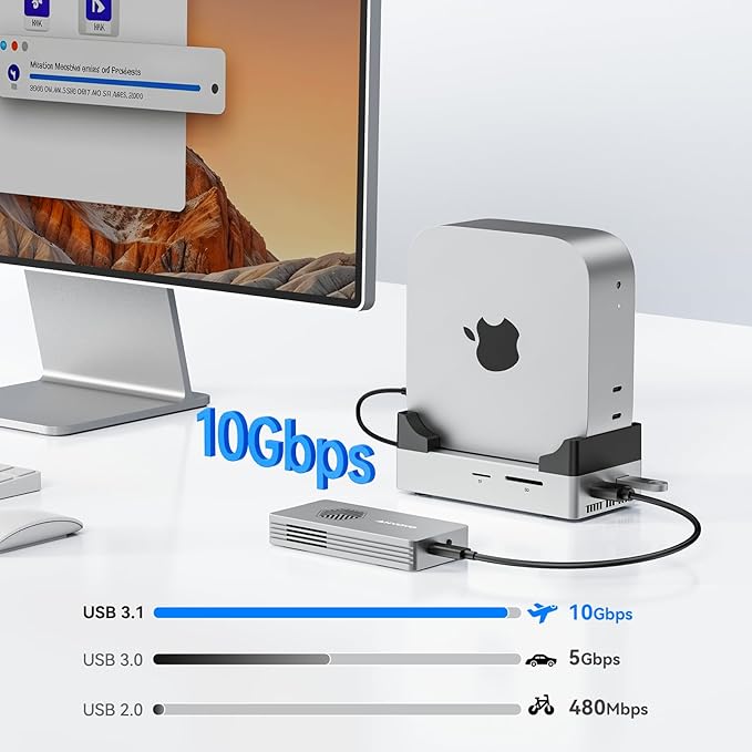 ANYOYO Mac mini M4 Dock and Stand, 10-in-1 Aluminum USB-C Hub with M.2 NVMe SSD Enclosure, 4K 60Hz Dual HDMI, 10 Gbps USB-C/A, 30W PD-in, Smart Fan Cooling, Wi-Fi Signal Friendly Design, Silver