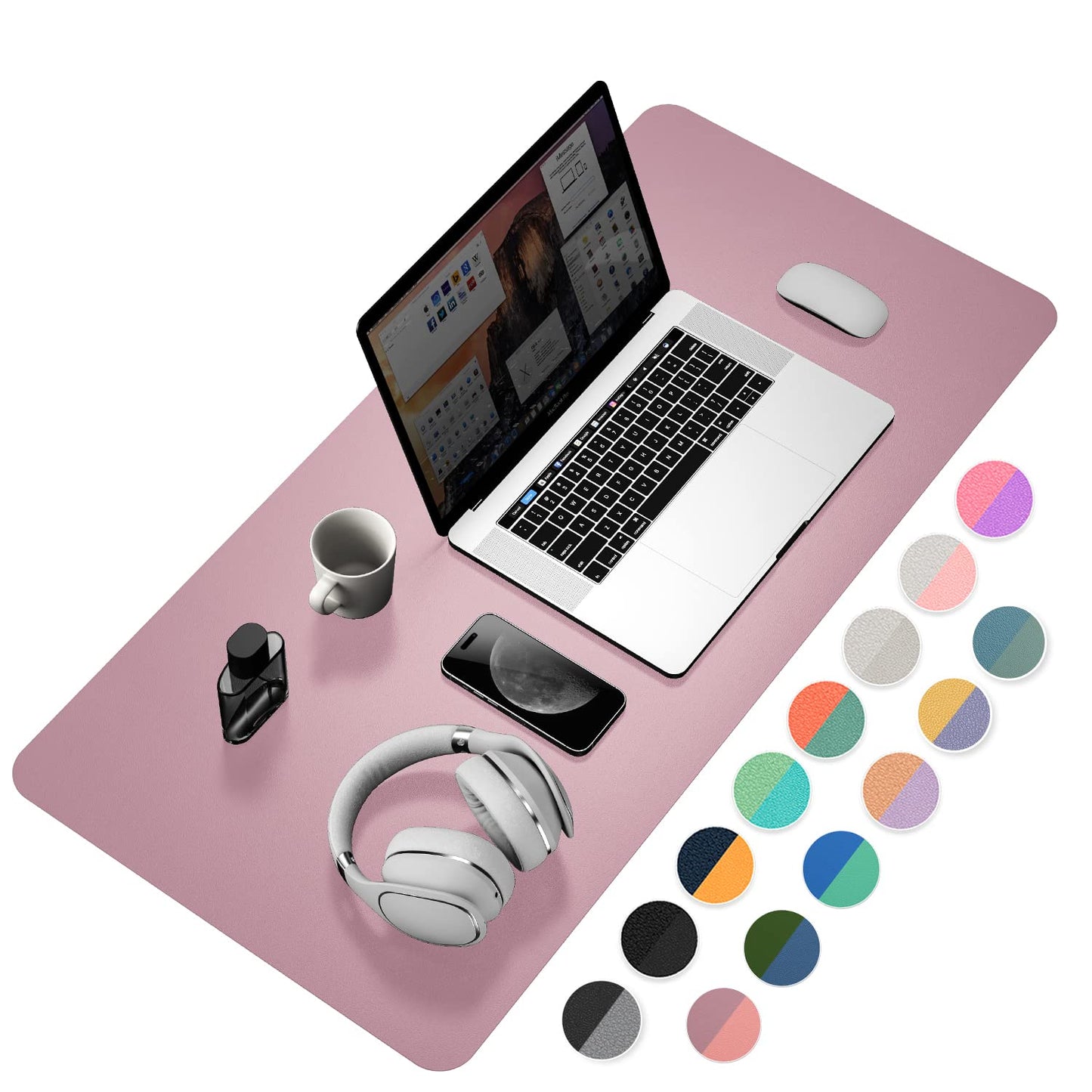 YSAGi Desk Mat, 35.4" x 17" Waterproof Laptop Leather Pad Protector, Large Blotter for Keyboard and Mouse, Writing Pad for Office and Home (Dark Pink+Pink)