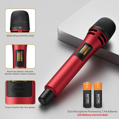 TONOR Wireless Microphones System with 4x10 Channels Cordless Handheld Microfono Inalambrico, UHF Mics with Stable Signal Transmission for Karaoke Singing Party Church Wedding PA Speaker 200ft Red
