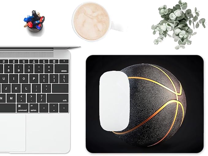 Mouse Pad, Golden Stripes Black Basketball Mouse Pads for Desk, 9.5" x 7.9" Non-Slip Rubber Base Computer Mousepad with Women, Portable Square Design for Wireless Mouse and Pad Laptop Office & Travel