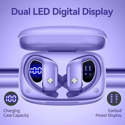 bmani Wireless Earbuds Bluetooth Headphones 48hrs Play Back Sport Earphones with LED Display Over-Ear Buds with Earhooks Built-in Mic Headset for Workout Purple