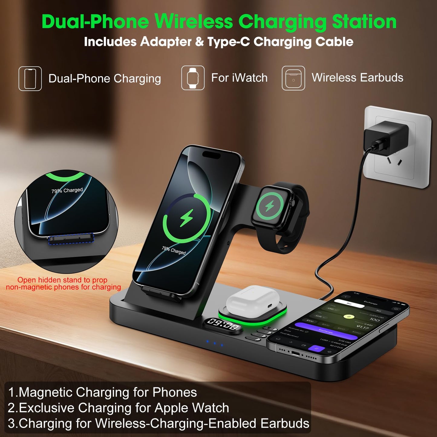Dual Phone Foldable Wireless Charging Station for Apple Devices
