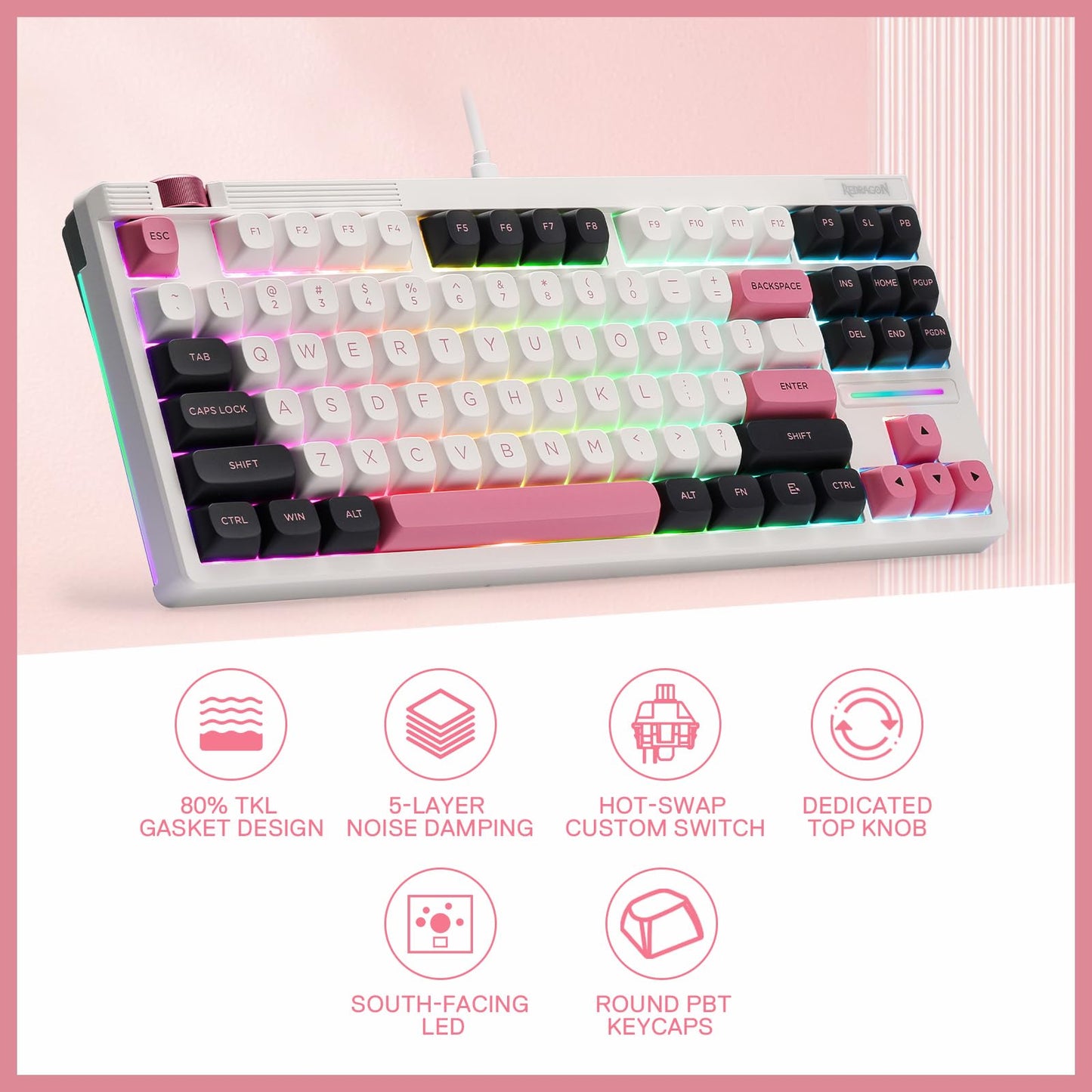 Redragon K729 80% Wired Gasket RGB Gaming Keyboard, 87 Keys TKL Mechanical Keyboard w/Knob Control, Mix-Color PBT Keycaps, Hot-Swap South-Facing Socket & 5-Layer Dampener, Custom Linear Switch