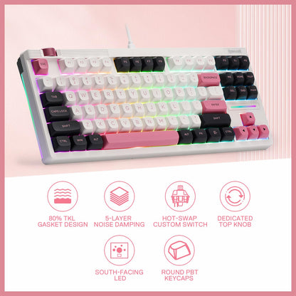 Redragon K729 80% Wired Gasket RGB Gaming Keyboard, 87 Keys TKL Mechanical Keyboard w/Knob Control, Mix-Color PBT Keycaps, Hot-Swap South-Facing Socket & 5-Layer Dampener, Custom Linear Switch