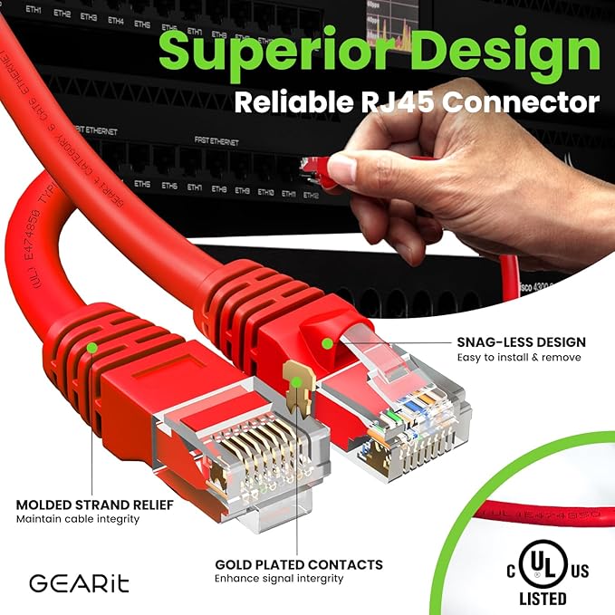 GearIT Cat 6 Ethernet Cable (100-Pack 2 Feet) Cat6 Network Patch, 10Gbps, RJ45, Snagless Cord, Gold-Plated Connectors, Internet for PC, TV, Tablet, Router, Printer, Servers, IT Data Center - Red