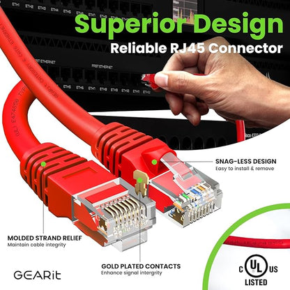 GearIT Cat 6 Ethernet Cable (10-Pack 6 Feet) Cat6 Network Patch, 10Gbps, RJ45, Snagless Cord, Gold-Plated Connectors, Internet for PC, TV, Tablet, Router, Printer, Servers, IT Data Center - Red