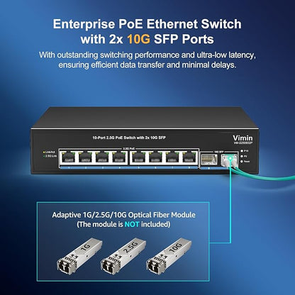 8 Port 2.5G PoE Switch Unmanaged, VIMIN 10x 2.5G Base-T PoE Switch, 2X 10G SFP PoE Switch IEEE802.3af/at, 80Gbps Ethernet Switching Capacity, 150W Switch for 2.5Gb NAS/PC, Metal Housing, Fanless