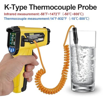 MESTEK Infrared Thermometer Temperature Gun, Non-Contact Digital Laser Thermometer with Probe for Cooking, Home and Industry Repair, Humidity Measurement, Adjustable Emissivity -58°F to 1472°F