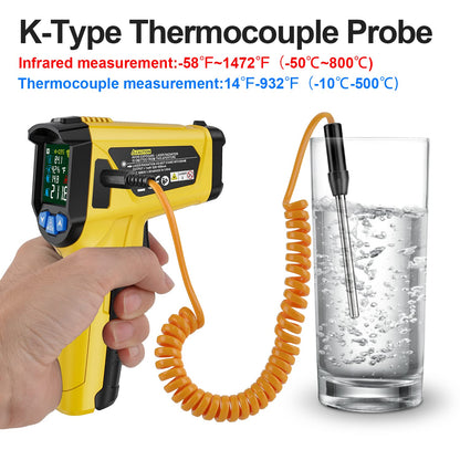 Infrared Thermometer Temperature Gun, -58°F to 1472°F, Digital Laser Thermometer Gun with Probe for Cooking, Pizza Oven, Grill & Engine, IR Thermometer Temp Gun with Adjustable Emissivity & Humidity