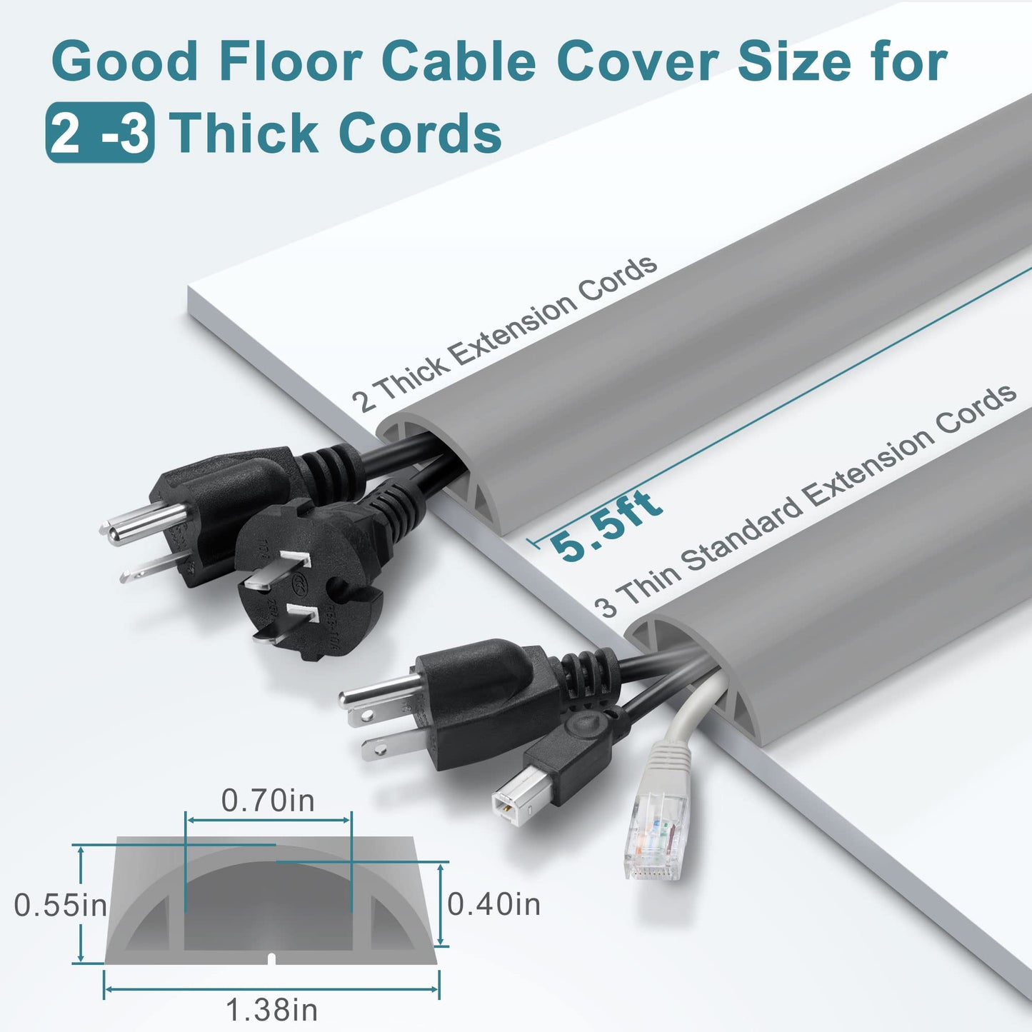 LZEOY 5.5FT Floor Cord Cover, Grey Soft Cable Cover Floor, Large Size Extension Cord Covers for Floor, Power Cord Protector Floor Wire Cover - Cord Channel Diameter: 0.7" (W) x 0.4" (H)