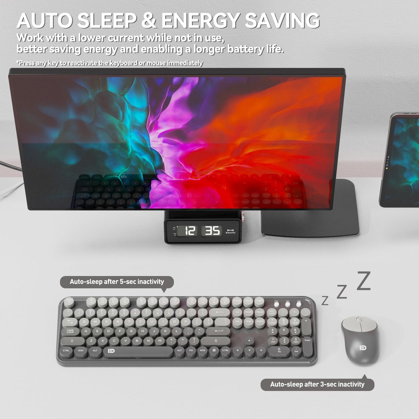 Wireless Keyboard and Mouse Combo, Retro Typewriter Style Round Keys, 2.4G Wireless Black and Grey Keyboard with Clicky Bubble Keys for PC Laptop and Desktop