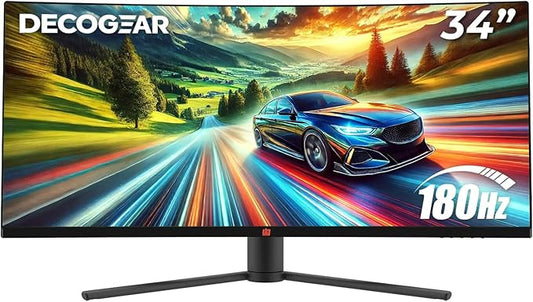Deco Gear 34” Curved Gaming Monitor, 180Hz 3440×1440 Ultrawide UWQHD Screen for Laptop & PC, Adaptive Sync, R1500 VA Panel, HDR, 100% sRGB, Dual HDMI/DP, 21:9, VESA Mount, American Seller
