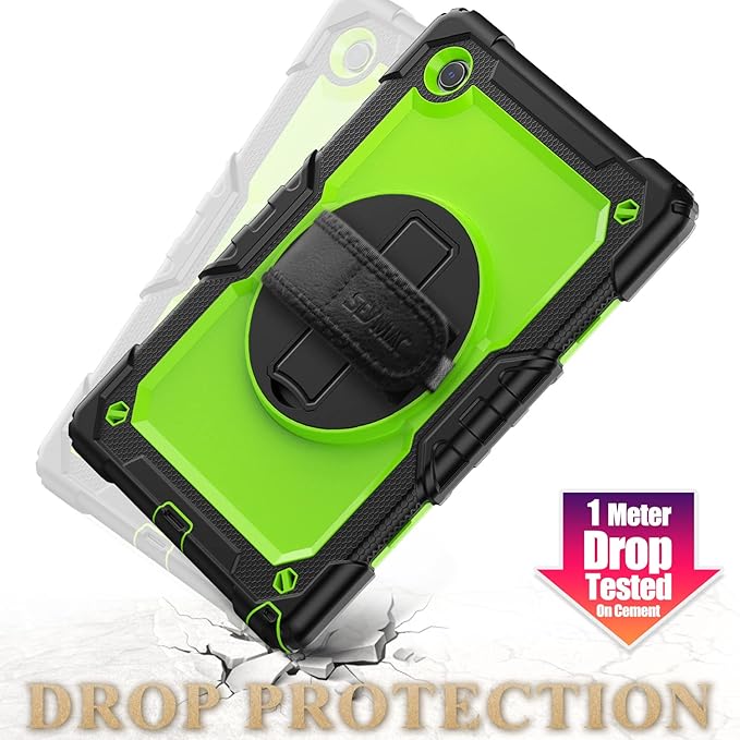 SEYMAC stock Case for Samsung Galaxy Tab A8 10.5'', Full-Body Drop Protection Case with Screen Protector Pencil Holder [360° Rotating Hand Strap] &Stand, Green+Black