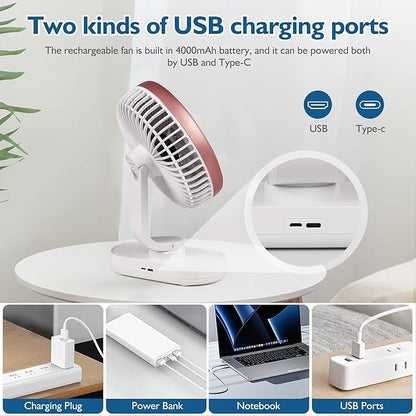 CONBOLA Small Desk Fan for Bedroom, 4000mAh Battery Powered Rechargeable Fan, 90° Vertical Manual and 120° Oscillating Fan, 4 Speeds Quiet Air Circulator Table Fan for Home Office, Pink