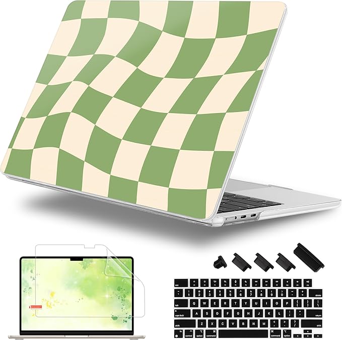 Case for MacBook Air 15 Inch 2025 2024 2023 Release M4 A3241 M3 A3114 M2 A2941, Hard Shell with Screen Protector & Keyboard Cover, Compatible with Touch ID, Green Checkered