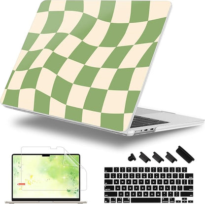 Case for MacBook Air 15 Inch 2025 2024 2023 Release M4 A3241 M3 A3114 M2 A2941, Hard Shell with Screen Protector & Keyboard Cover, Compatible with Touch ID, Green Checkered