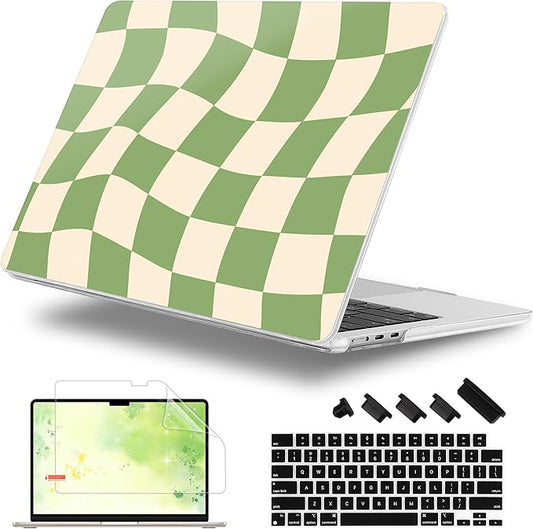 Case for MacBook Air 15 Inch 2025 2024 2023 Release M4 A3241 M3 A3114 M2 A2941, Hard Shell with Screen Protector & Keyboard Cover, Compatible with Touch ID, Green Checkered