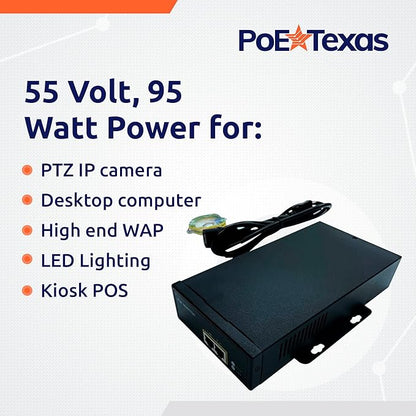 Poe Texas PoE Injector - 802.3bt PoE++ Single Port Power Over Ethernet Injector - Active PoE Adapter with 55V 95W Output - 10/100/1000 Gigabit Data - Mode A/B Wall Mount Plug & Play