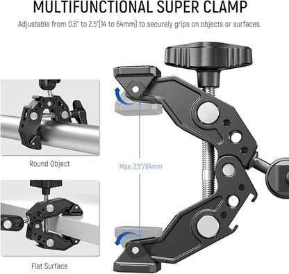 NEEWER Super Clamp Magic Arm Camera Mount with Phone Holder Action Cam Adapter Ball Heads 1/4" Threads Cold Shoe Cleaning Cloth Compatible with SmallRig GoPro for Desk Tripod Crossbar Gimbal Rod, ST83