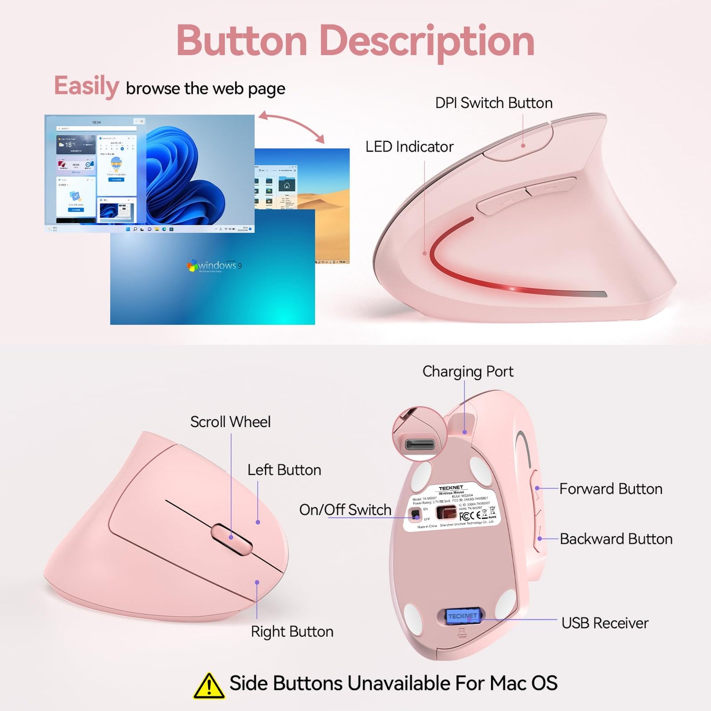 TECKNET Wireless Ergonomic Mouse, Rechargeable Wireless Vertical Mouse