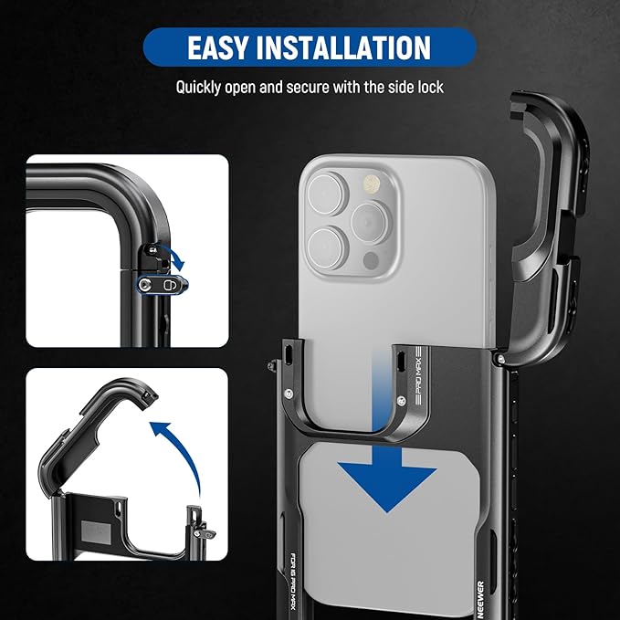 NEEWER 16 Pro Max Cage, Quick Release Video Rig Phone Stabilizer Compatible with iPhone 16 Pro Max with 67mm Filter Adapter, 17mm Lens Backplate, T Mount Lens Adapter Compatible with Moment, PA074