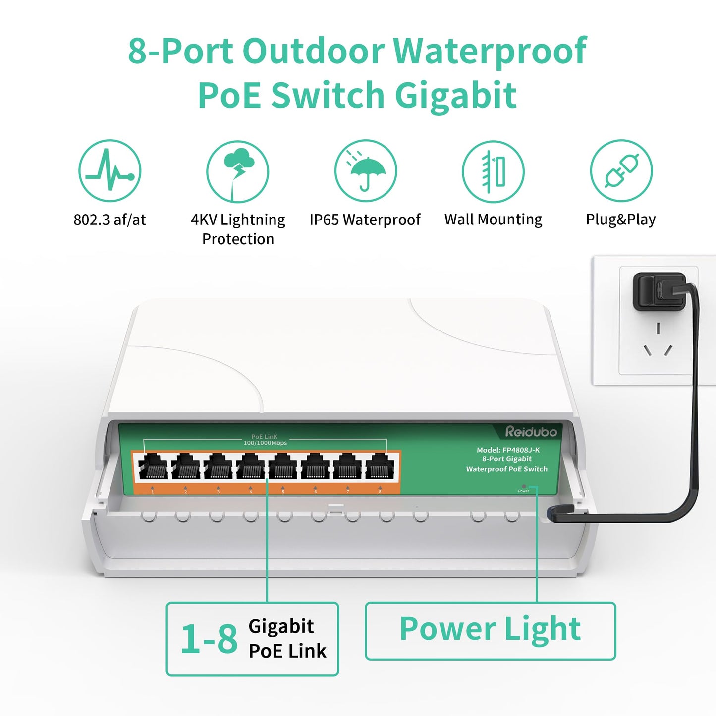 Reidubo 8 Port Gigabit PoE Switch Outdoor, 1000 Mbps 8 PoE+ Ports 120W PoE Extender, IEEE802.3af/at Power Over Ethernet Unmanaged Outdoor Network Switch, Plug & Play