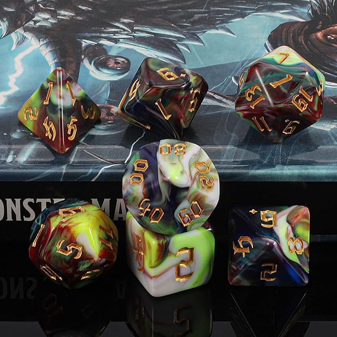 QMAY DND Dice Set - Polyhedral Dice (Blue Mix Blood red) 7 Pcs for Dungeon and Dragons D&D RPG Role Playing Games Dice with Dice Bag