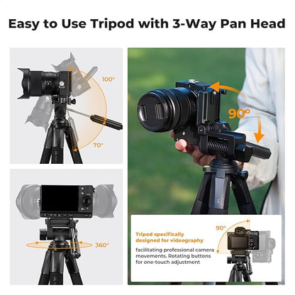 K&F Concept Camera Tripod, 75" Lightweight Portable Travel Outdoor DSLR Tripods for Camera Phone Video Recording Tripod Stand, Cellphone Clip for Smartphone Live Streaming Vlog, Black
