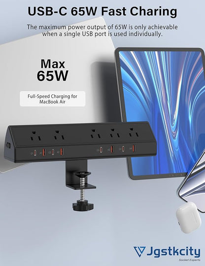 Desk Clamp Power Strip 65W Fast Charging Station,4 PD USB-C,5 Outlets,Nightstand Desk Edge Mount Tower Surge Protector,15 Amp Heavy Duty Power Strip,Fits 1.96" Tabletop Edge (Black, 10 FT Cable)