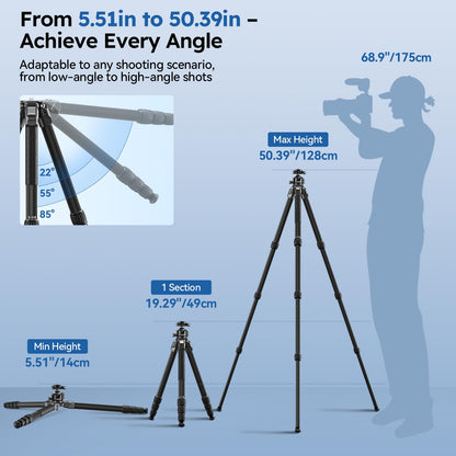 SIRUI 50.4"/128cm Carbon Fiber Travel Tripod Kit, Max Load 44lb/20kg