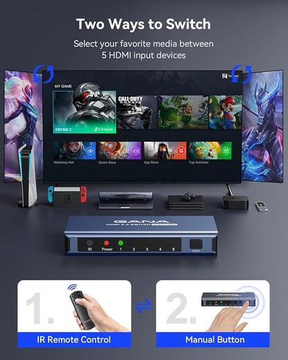 HDMI Switch 5 in 1 Out 4K@60Hz, GANA HDMI Splitter Switcher with Remote, Aluminum HDMI 2.0 Switch Box Hub for 3D, HDCP2.2, HDR, Compatible with Xbox, PS5/4/3,Fire Stick,Roku,Blu-Ray Player, Blue