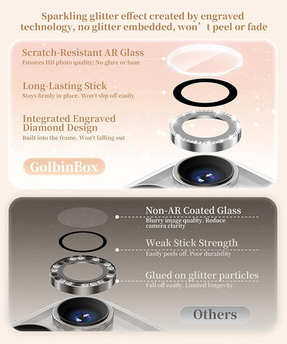 GolbinBox Camera Lens Protector for iPhone 16 Pro Max/16 Pro, 1:1 Invisible Fit, 9H Tempered Glass Ultra HD Metal Individual Camera Cover Screen Protectors for Women, Case Friendly, Bling/Sliver