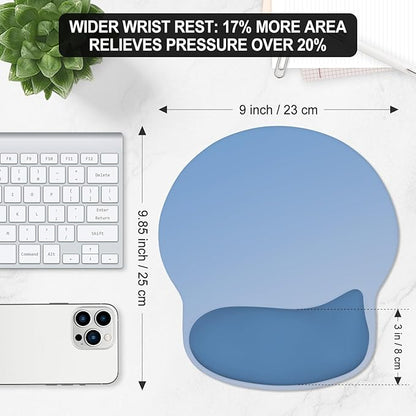 ITNRSIIET Ergonomic Mouse Pad with Wider Memory Foam Wrist Rest +17%, Curved Cushion Reduces Pressure 20%, Pain Relief, Non-Slip, Smooth, Cute Color Desk Accessory, 9.85 x 9 inch, Gradient Blue Ombre