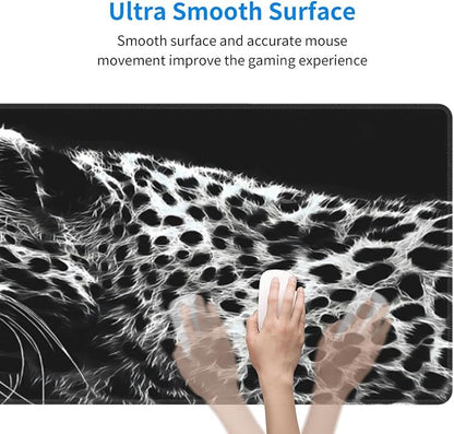 Black and White Gaming Mouse Pad 31.5 x 11.8 Inch Extended Large Mouse Pad with Non-Slip Base and Stitched Edges for Gamer Home Office, Black Leopard