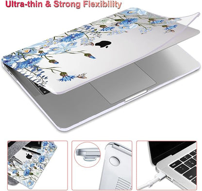 for MacBook Pro 13 Inch Case 2022 M2 2020 2021 A2338 M1 A2251 A2289 with Touch Bar & Touch ID, Plastic Hard Case Keyboard Cover Screen Protector Webcam Cover Brush, Tropical Blue Flowers