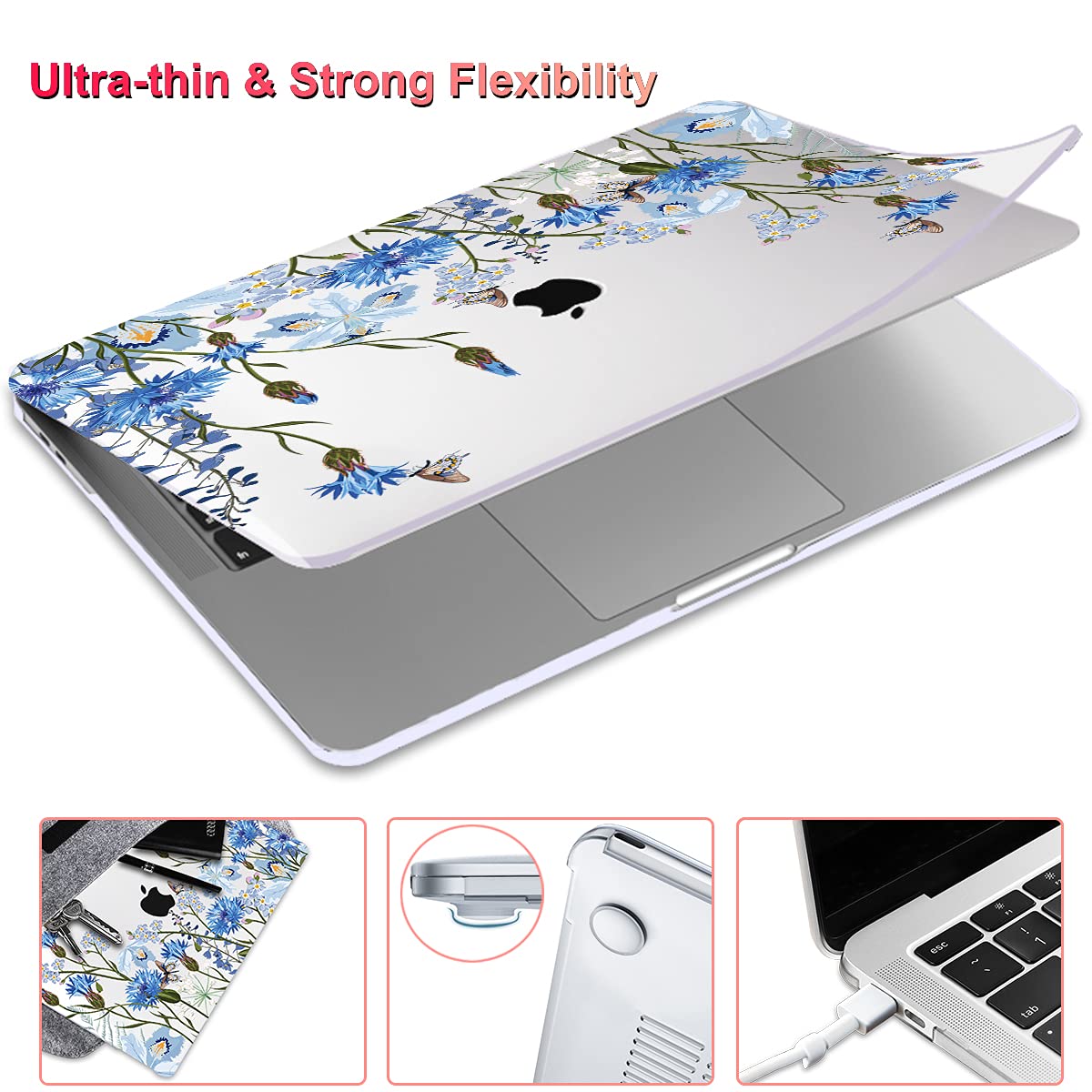 LCMOCICO for MacBook Pro 13 Inch Case 2022 M2 2020 2021 A2338 M1 A2251 A2289 with Touch Bar & Touch ID, Plastic Hard Case Keyboard Cover Screen Protector Webcam Cover Brush, Tropical Blue Flowers