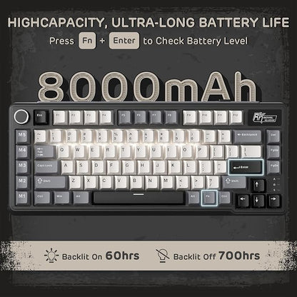 RK ROYAL KLUDGE L75 Gasket Mount Mechanical Keyboard w/Knob/Macro Keys & Touchable Nameplate, Tri-Mode 75% TKL Wireless Keyboard BT/2.4G/USB-C, Hot Swappable, Pro Software, Massive 8000mAh Battery
