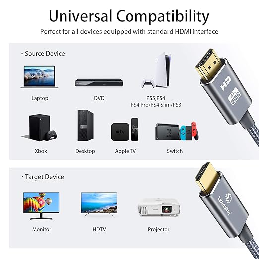 LEADSTAR HDMI Cable 4K 25 ft /7.5m, High Speed HDMI 2.0 Cord Braided | 4K@60Hz, Ultra HD, 2160p, ARC, HDR, 3D, HDCP 2.2 | for Xbox, PS5, TV, Laptop, Monitor