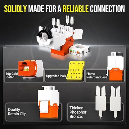AMPCOM CAT6 RJ45 Keystone Jack - Reusable UTP Ethernet Wall Jack with Adjustable Ratchet Lock Design, No Tool and Zip Tie Required - 50u Gold Plated - Orange (6-Pack)