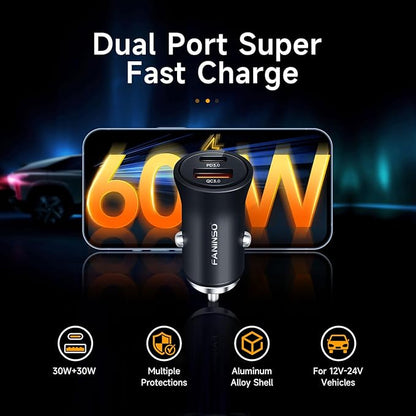60W Car Charger USB C Fast Charge, Aluminum Dual Port Cigarette Lighter Adapter, Car Phone Charger for iPhone 16/15/14 Pro Max Plus, iPad, Samsung Galaxy S24/S23/S22 & More