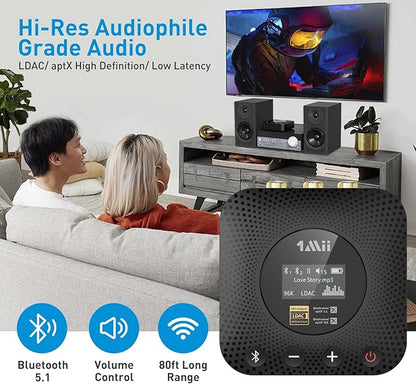 1Mii B06HD+ Hi-Res Bluetooth 5.1 Music Receiver for Home Stereo w/LDAC, Hi-Fi Bluetooth Adapter w/Audiophile DAC aptX HD Volume Control OLED Display, Wireless Audio Adapter for AV Receiver/Amplifier