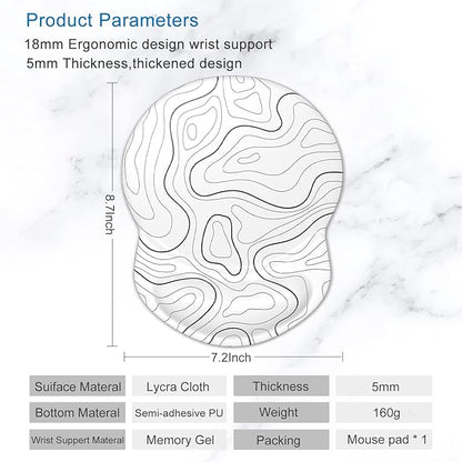 ITNRSIIET Ergonomic Mouse Pad with Gel Wrist Support Small Wrist Rest Smooth Surface Non-Slip PU Base Comfortable Office Supplies Pain Relief, 8.7 x 7.2 inches, Topographic Contour White