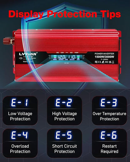 LVYUAN 1500W Car Power Inverter 12V to 110V DC to AC with 2 US Sockets, Cigarette Lighter, LCD Display, USB Ports for Car, Home, Truck, Outdoor, Camping