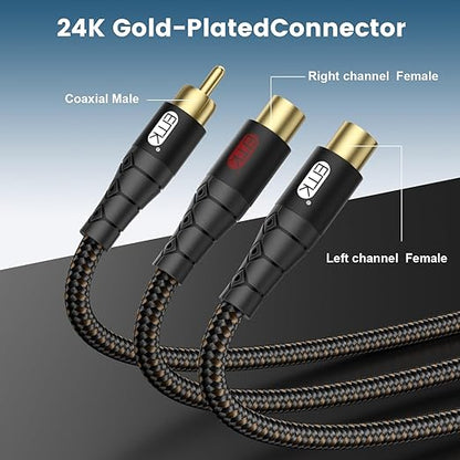 RCA Splitter Cable 1 Male to 2 Female Y Adapter with Copper Shell & 24K Gold-Plated Connector RCA Male to Dual RCA Female Extension Cord Black/1ft/0.3m