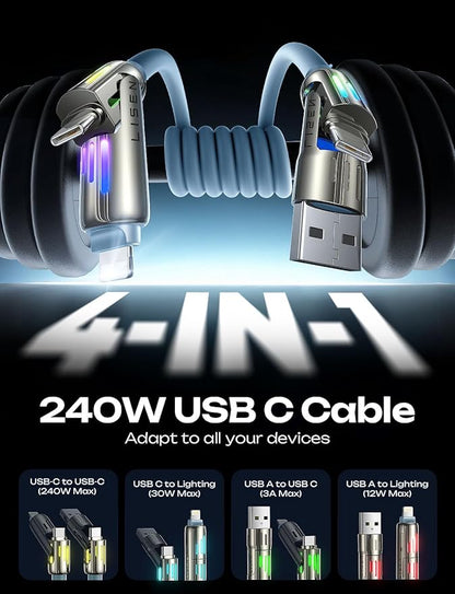 LISEN iPhone Cords Fast Charging 6 FT, 4 in 1 Charging Cable with Light, Chubby USB A/C to C/L Multi Charging Cable for iPhone 16 15 14 Pro Max/MacBook/iPad Pro/SamSungS25, Sky Blue iPhone Cord